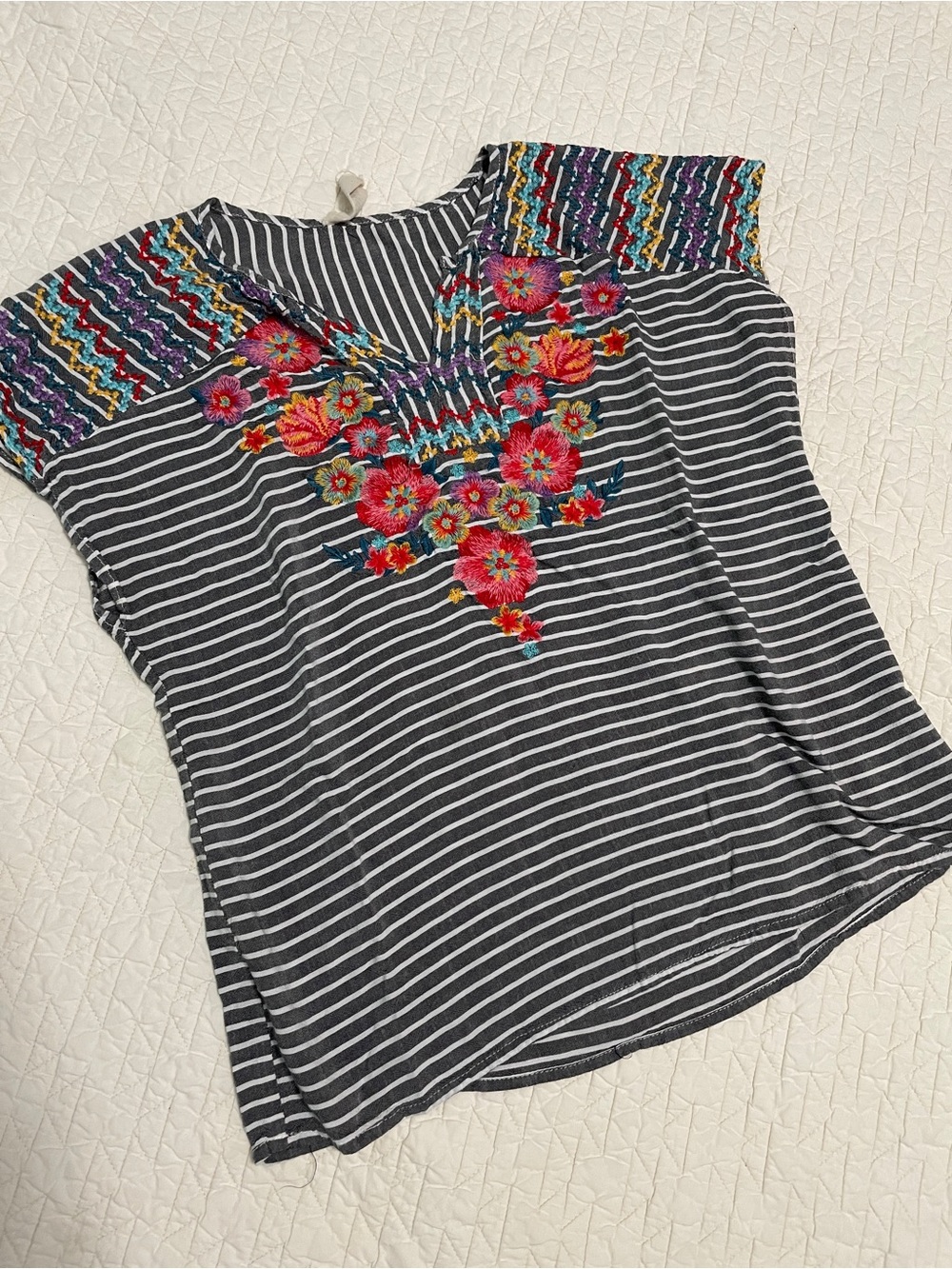 Embroidered Stripe V-Neck Women’s Top in Black and White